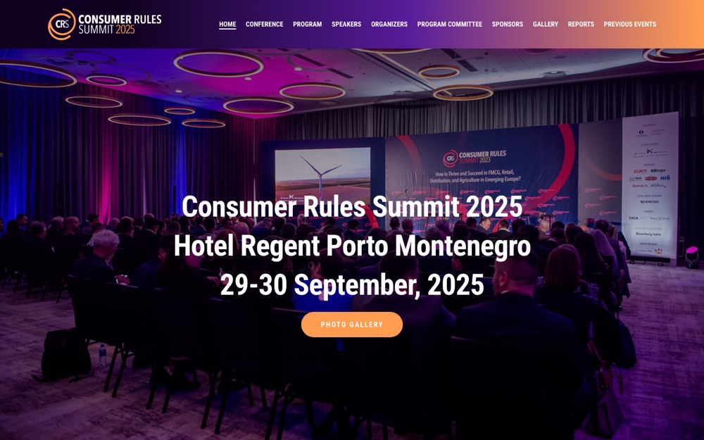 Consumer Rules Summit homepage with the conference hall