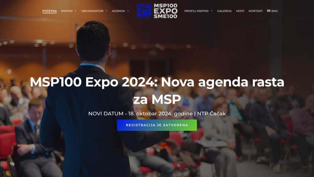 MSP100 Expo homepage with a conference speaker