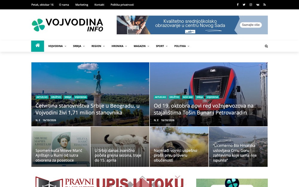 Vojvodina Info news portal homepage
